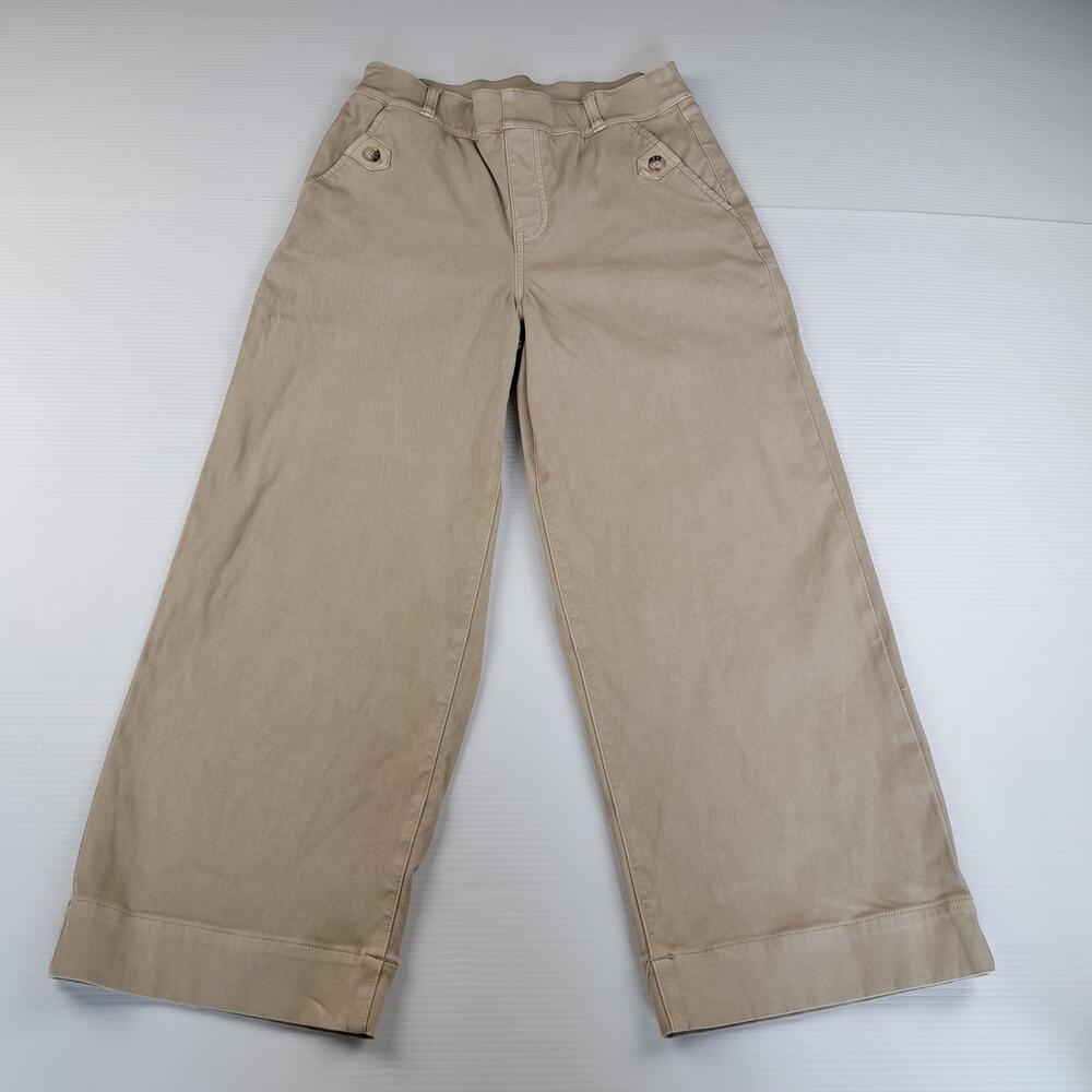 Spanx Pants Womens Medium Beige Wide Leg Twill Khakis Cropped Stretch Casual